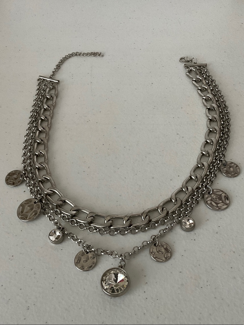 Silver Tone Layered Coin & Crystal Necklace